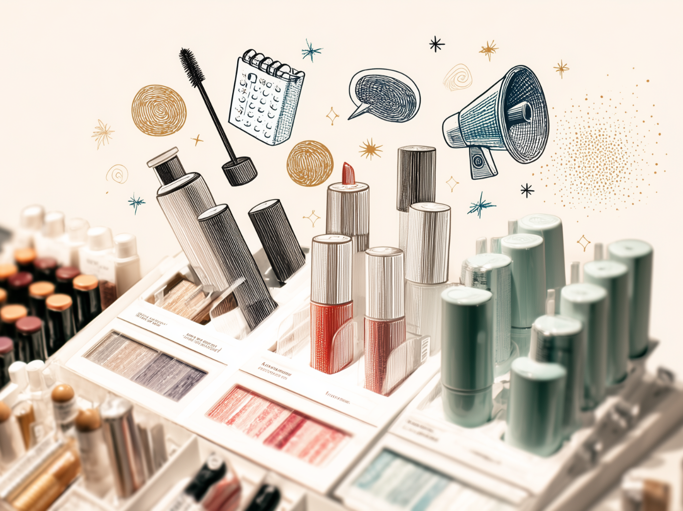 This image shows a display of makeup products with fun drawings like a megaphone, notepad, and speech bubble. It highlights the planning and promotion behind starting a beauty brand in stores.