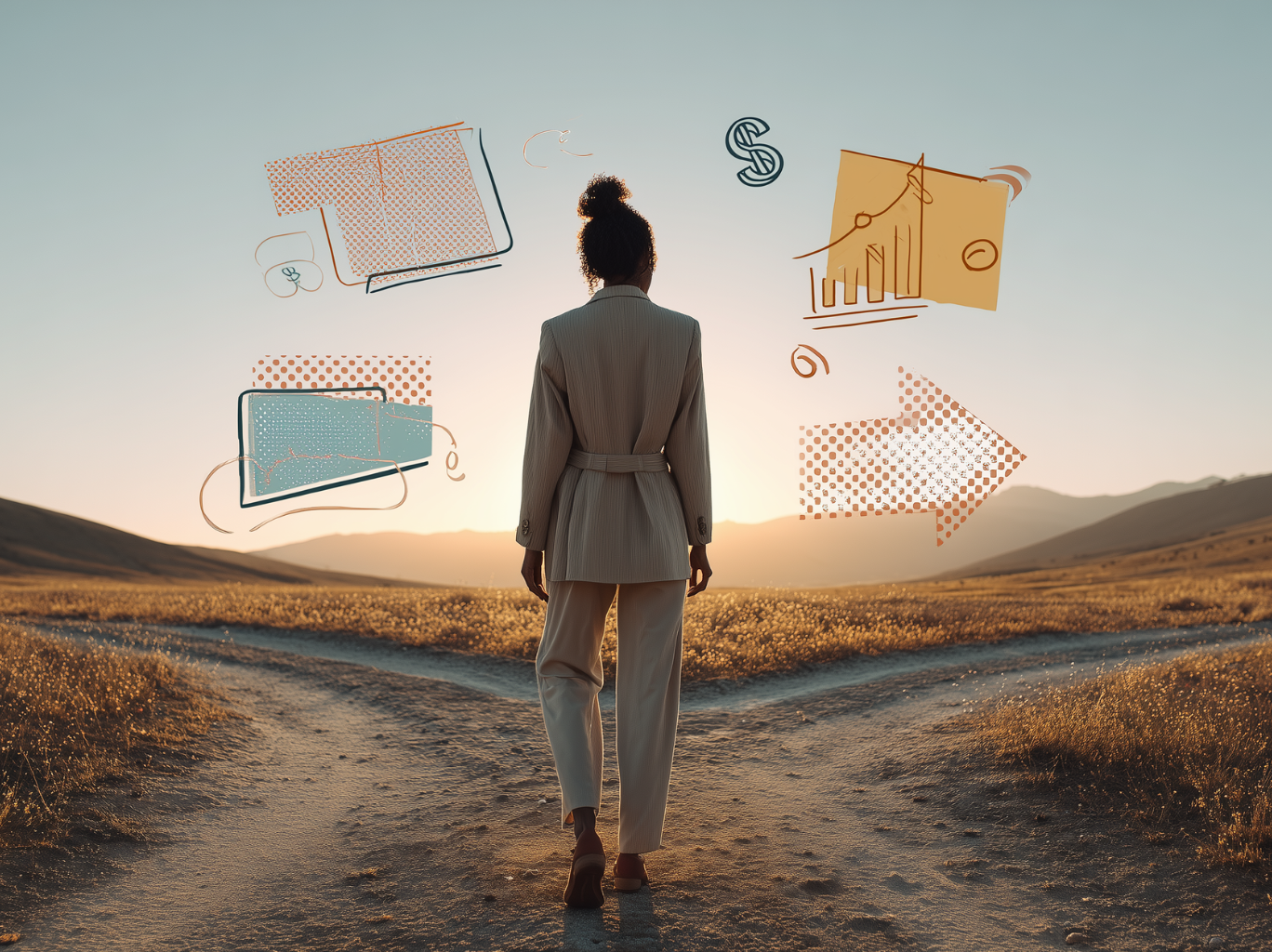 A woman in a suit stands at a forked path in a sunlit field, surrounded by illustrated business icons, symbolizing a career or strategic decision point.