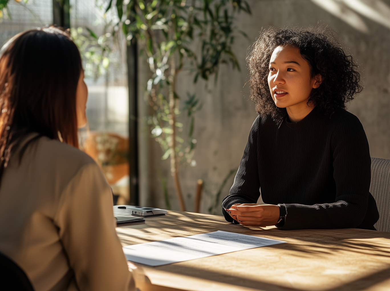 Woman sitting across at the table with someone she is looking to hire