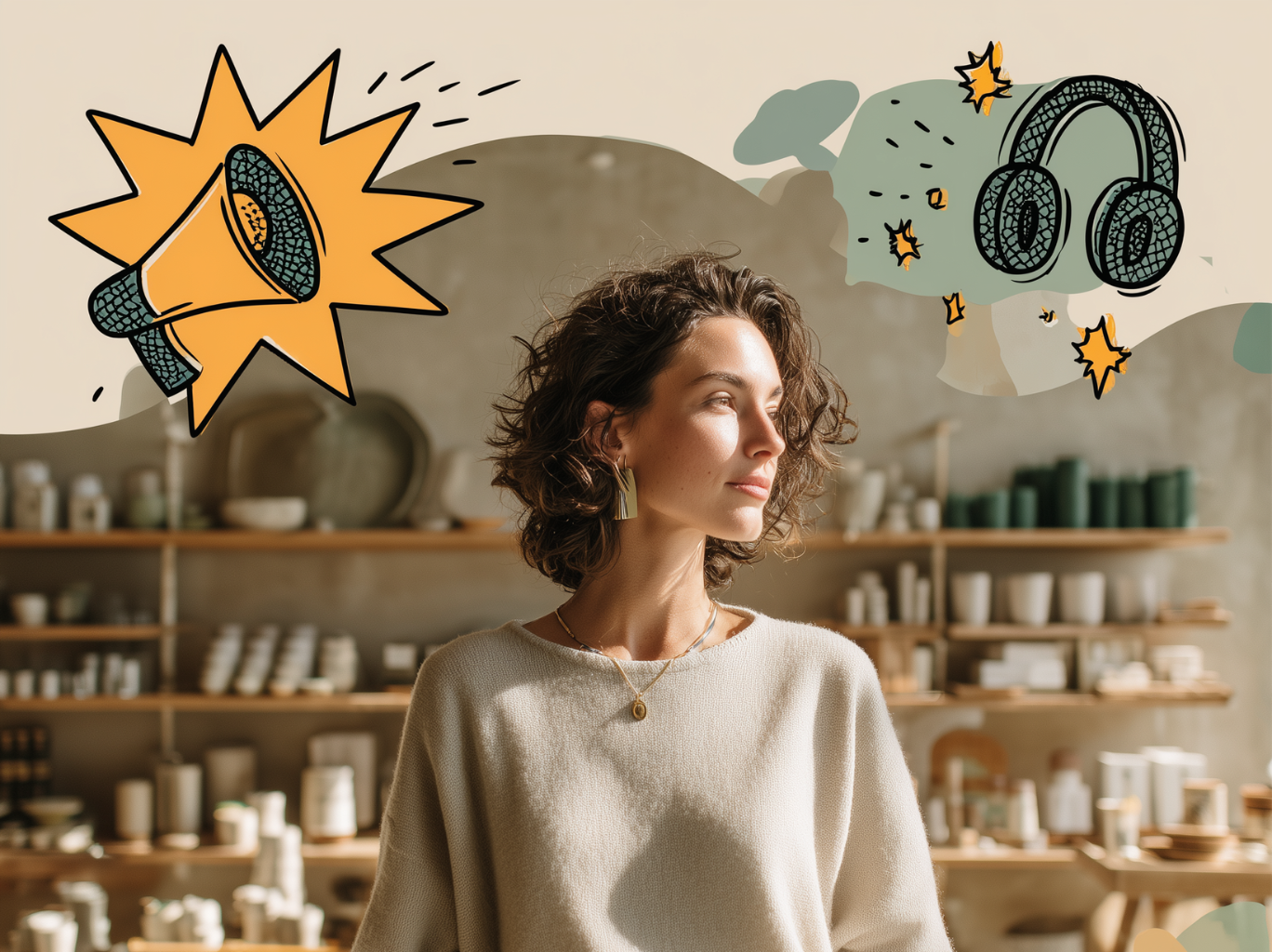A woman stands in a store with shelves of products behind her. Drawings of a megaphone and headphones show ideas of talking and listening.