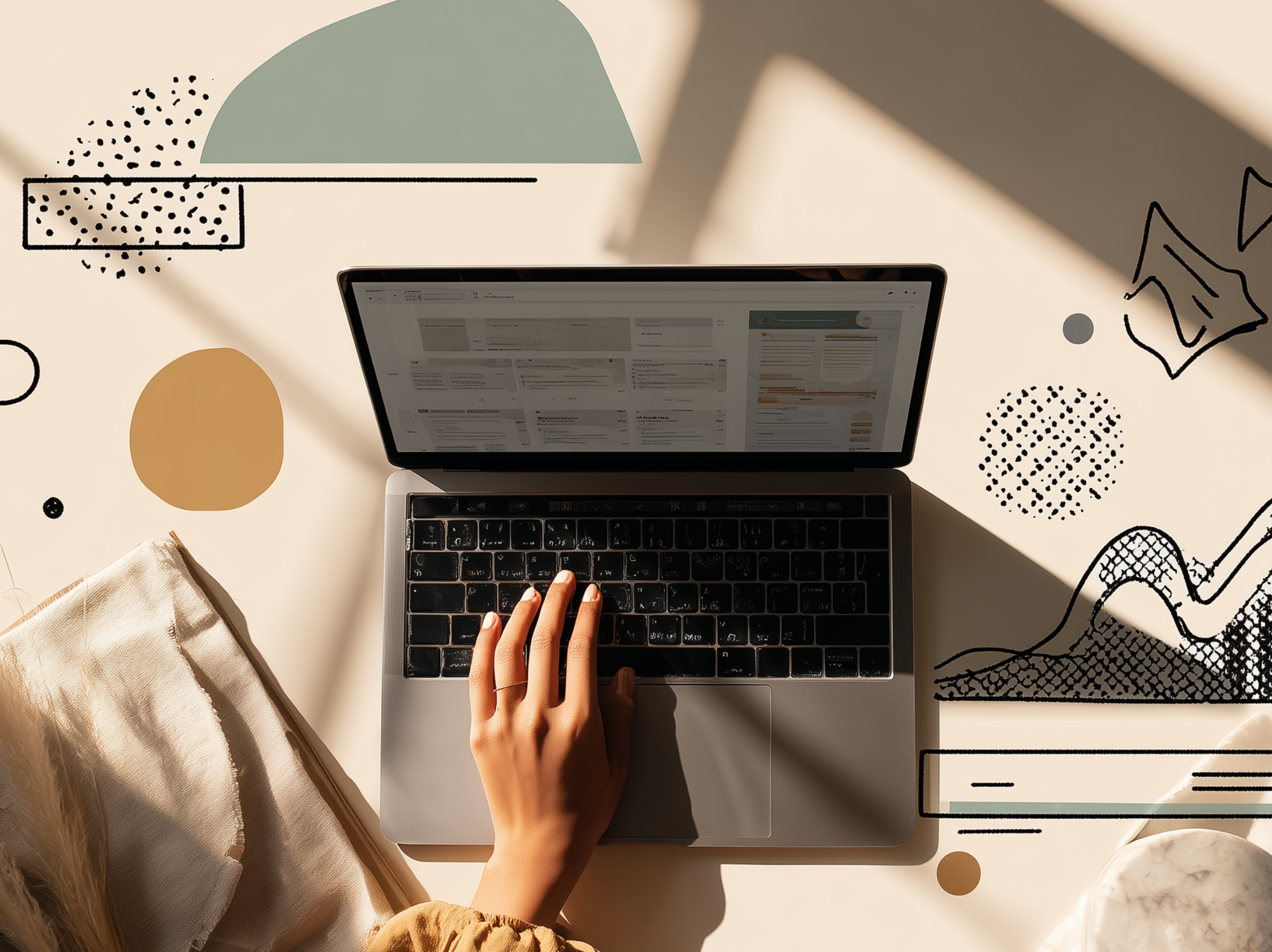 Hand on a laptop keyboard on a desk with abstract shapes in the background.