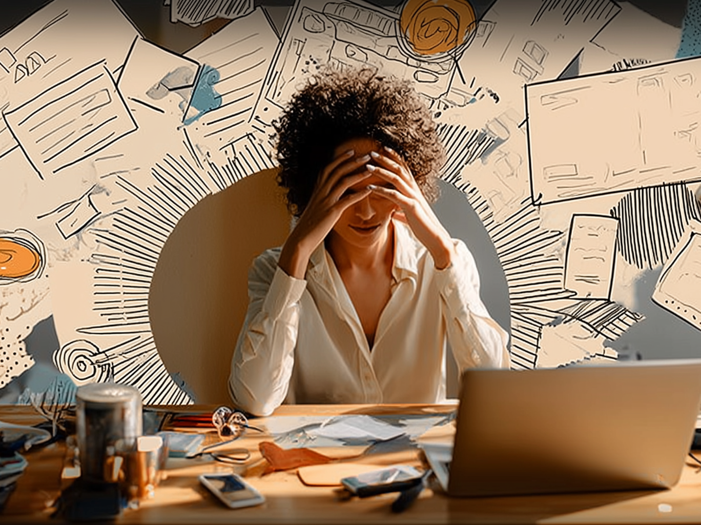 A woman leans on her cluttered desk, deep in thought. Papers and objects are scattered around, and a laptop sits open in front of her.