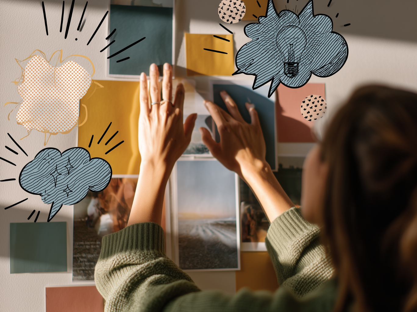 Person arranging photos and colored papers on a wall, with illustrated thought bubbles and shapes overlaid.