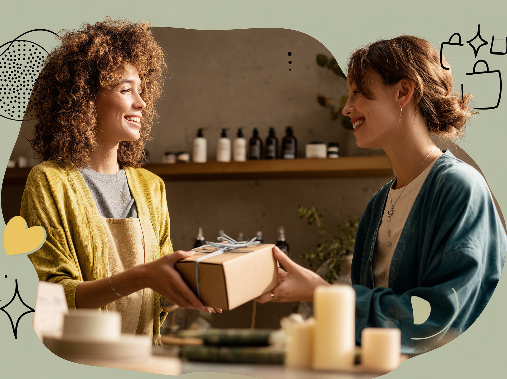 Two women exchanging a package, woman in blue buying an item.