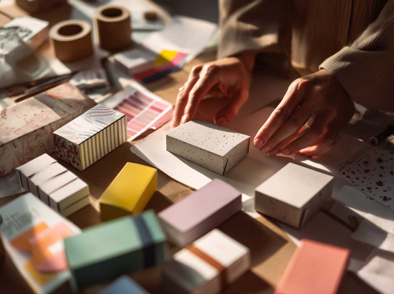 Person arranging small colorful product boxes on a table covered with packaging materials and samples.