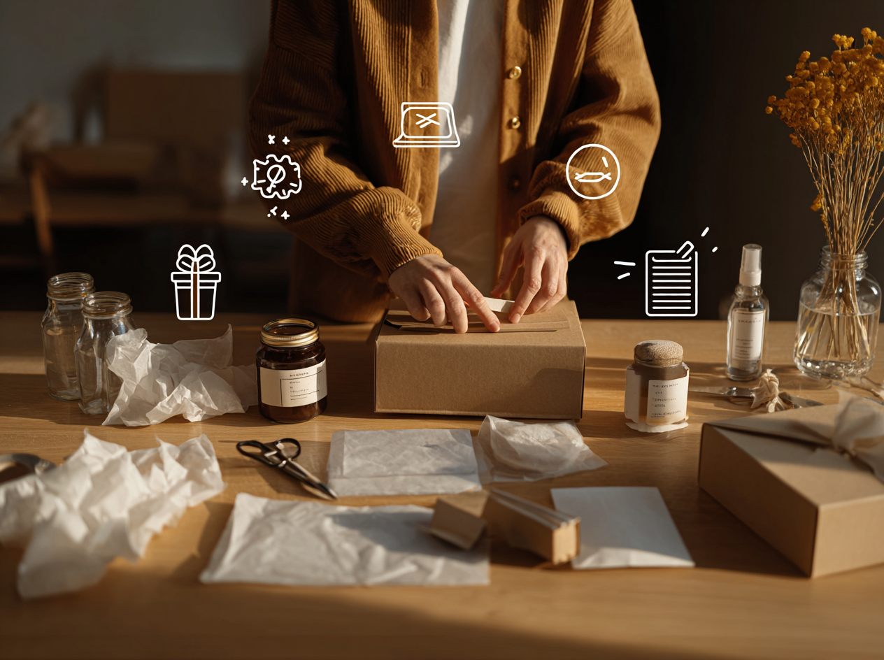 A founder’s hands arranging open PR mailers on a wooden desk. The mailers contain unlabeled CPG products, tissue paper, filler, and aesthetic packaging elements.
