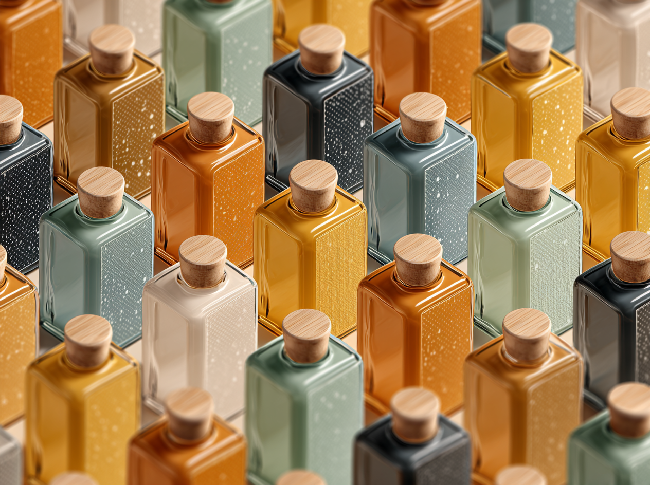 Bottles lined up in perfect rows, viewed from an angle so they appear uniform except for one bottle placed slightly forward or turned at a different angle, catching the light differently.