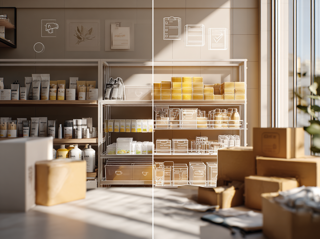 Products on shelf separated by a line that shows the process of creating to launching