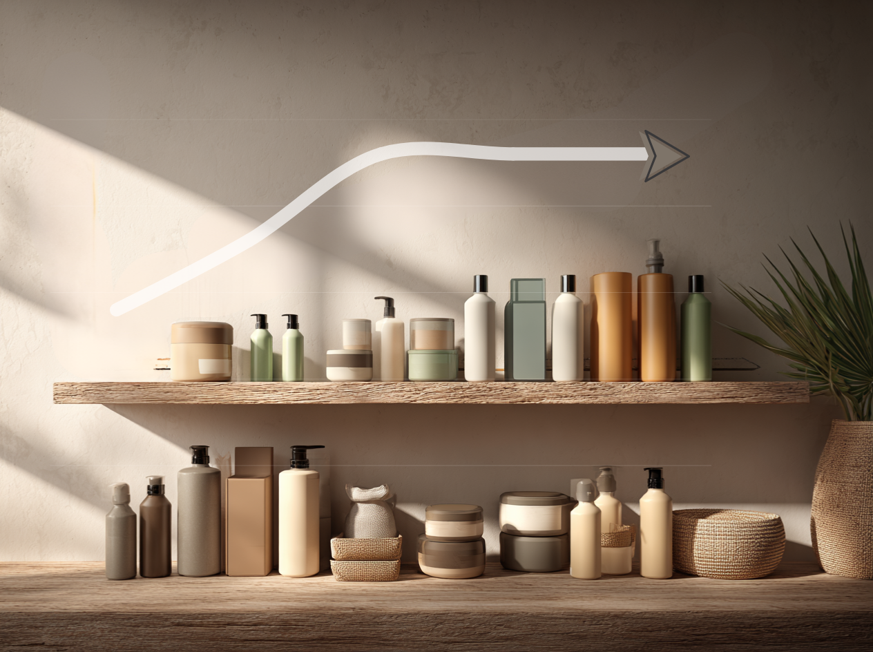 Unlabeled products on a shelf with a line graph indicating a plateau.